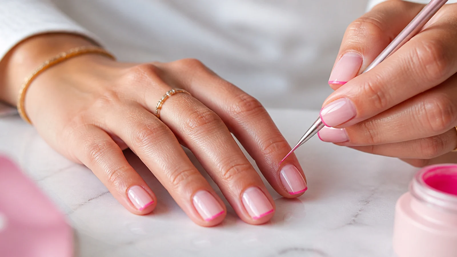 Hand painting a thin hot pink French tip line on a short square nail with a liner brush