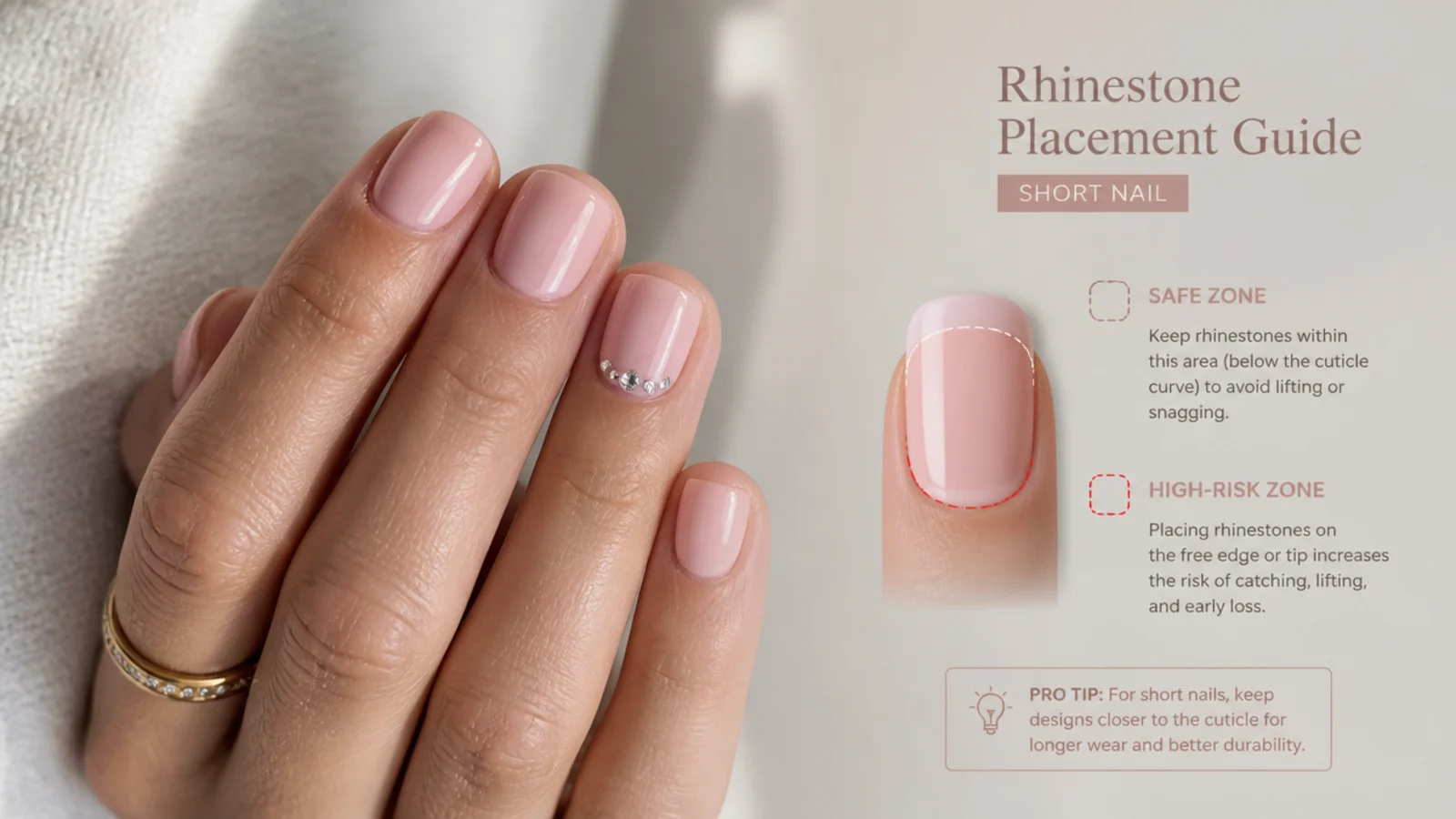 Diagram of a short nail showing the safe cuticle zone and the high-risk tip zone for rhinestones