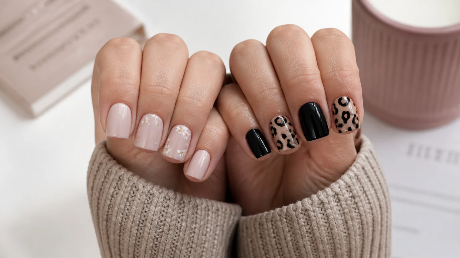 Two short square manicures compared, one plainly decorated and one high contrast baddie set