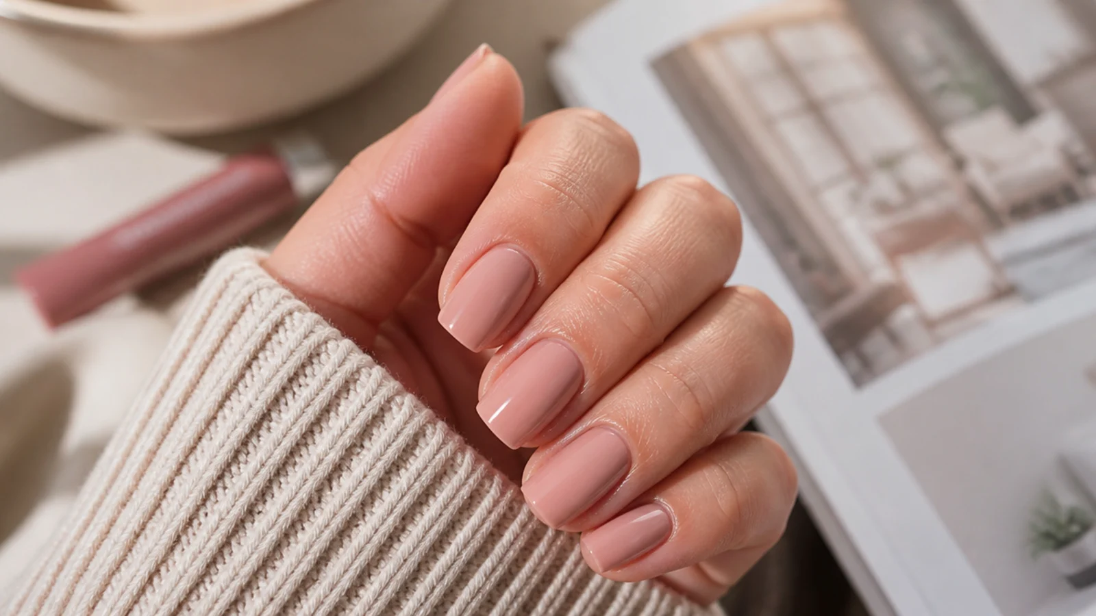Short soft square nails in glossy rose beige creme extending the finger line