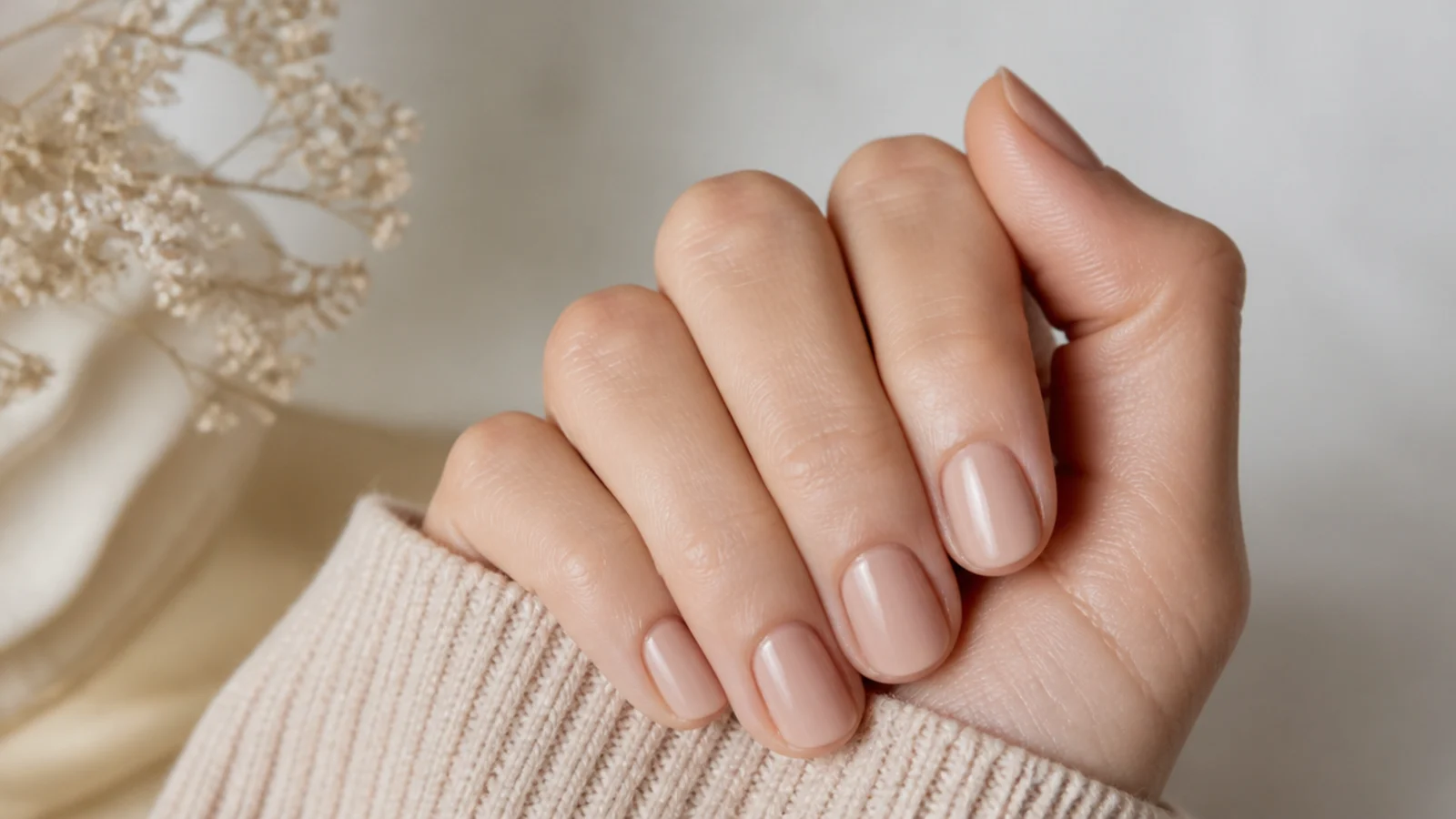 Short nails painted in an exact skin matched nude creating an unbroken line from finger to tip