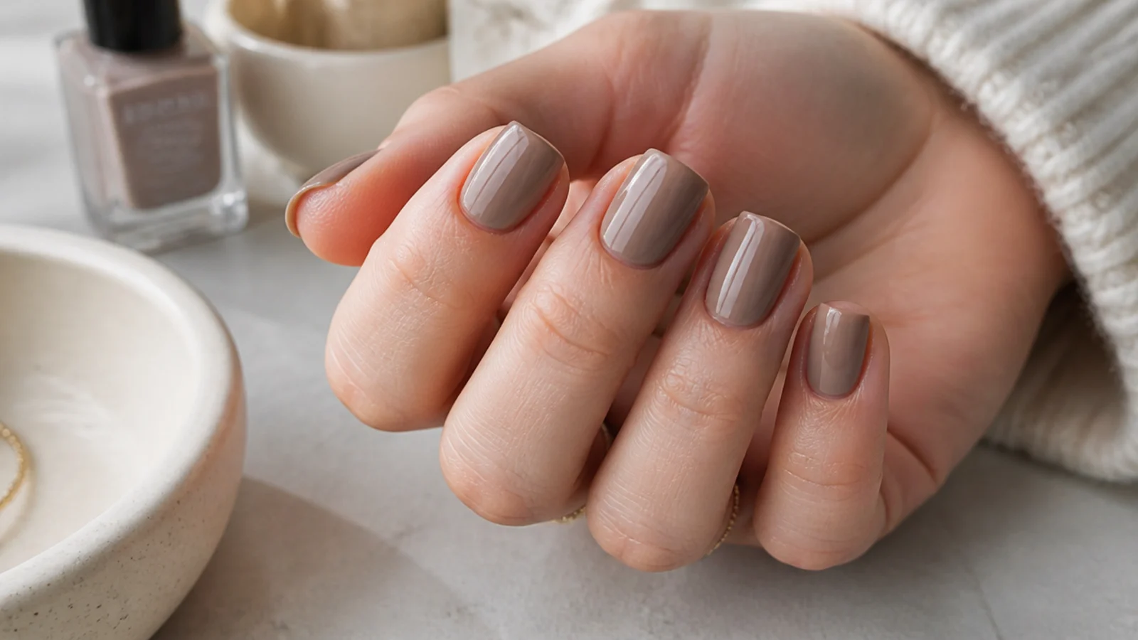 Short square nails in warm taupe creme with a crisp straight tip and glossy finish
