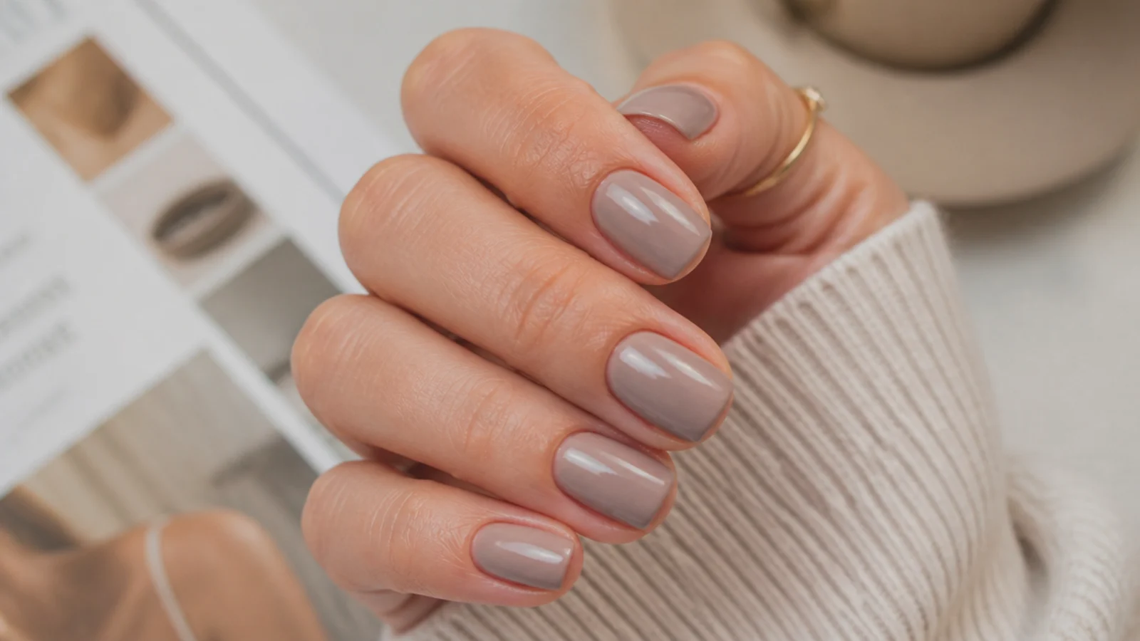 Short squoval nails in cool greige with a smooth high gloss creme finish