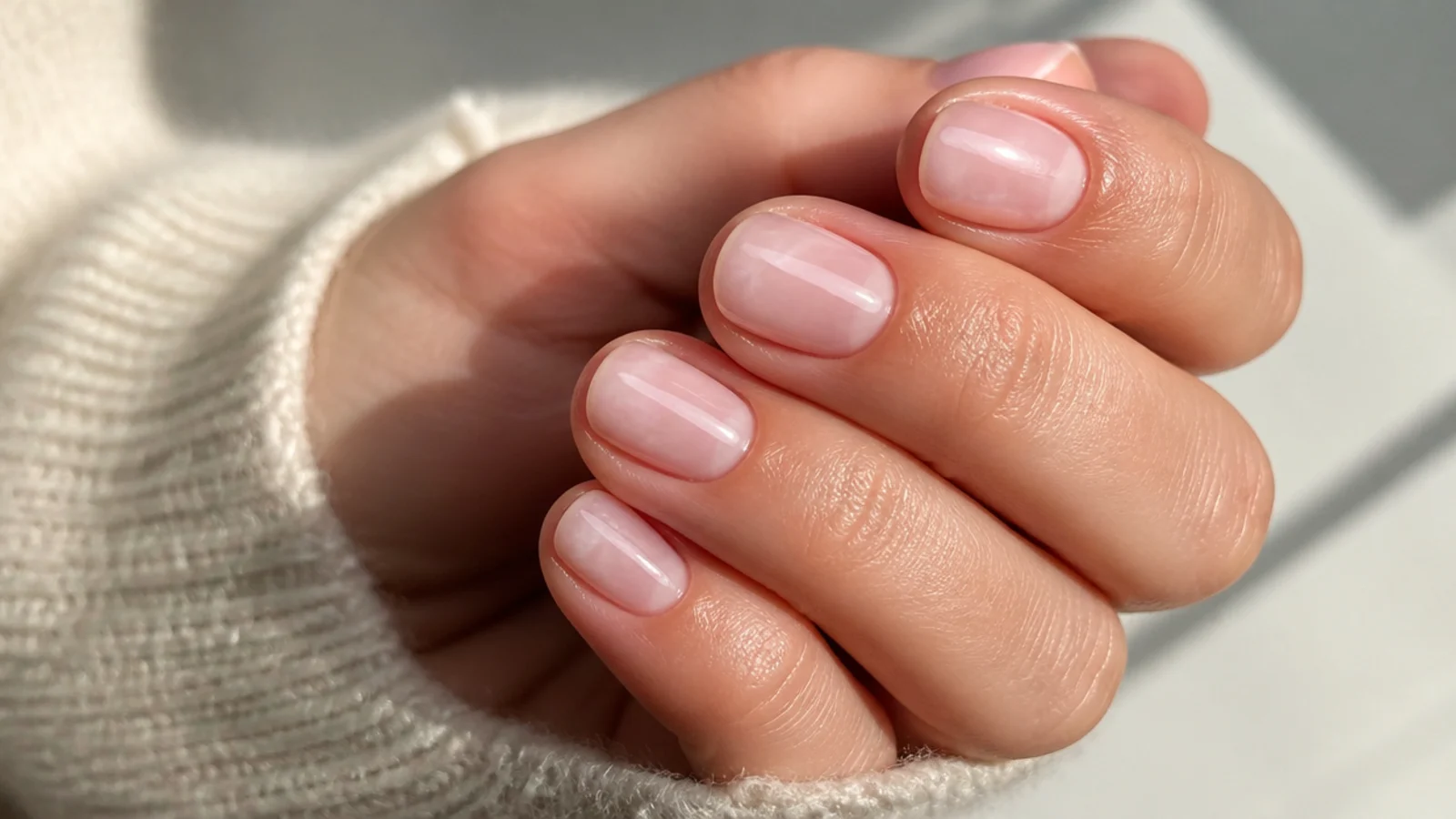 Short nails in sheer milky pink with a soft cloudy translucency over the natural nail