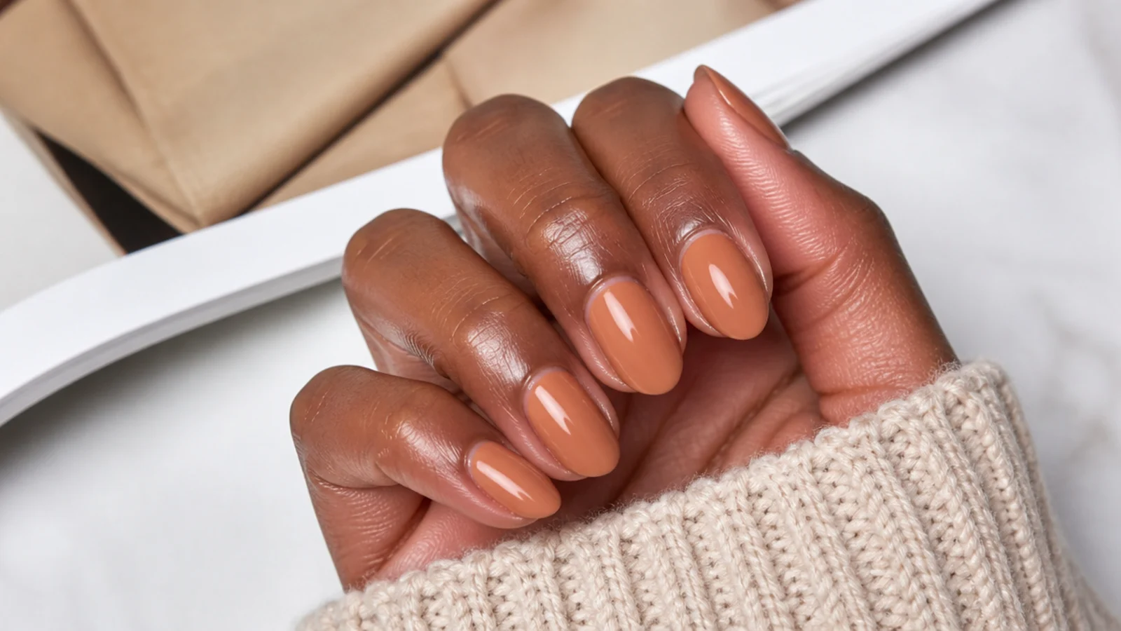 Short almond nails in warm caramel nude creme flattering olive and deep skin tones