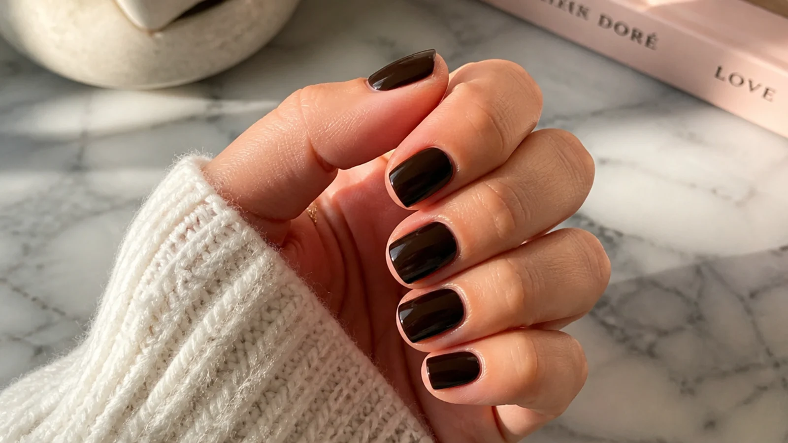 Short square nails in glossy espresso brown with a deep near black coffee tone