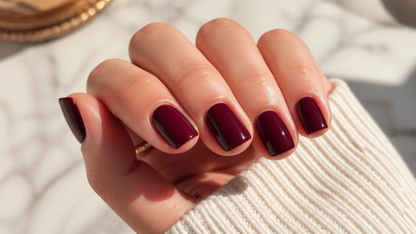 Short squoval nails in deep oxblood wine red with a soft rounded square edge