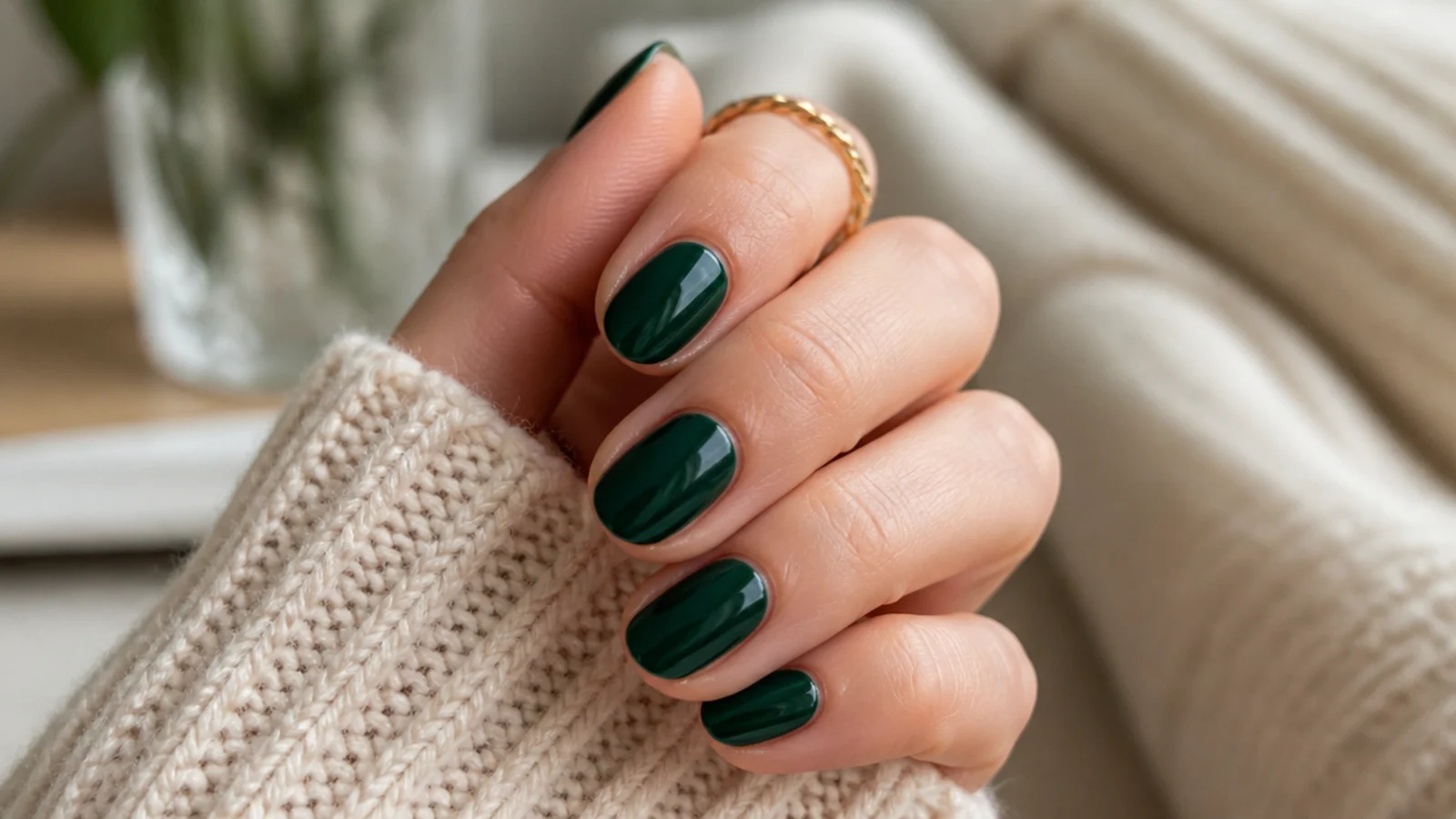 Short almond nails in deep forest green with a jewel toned high gloss finish