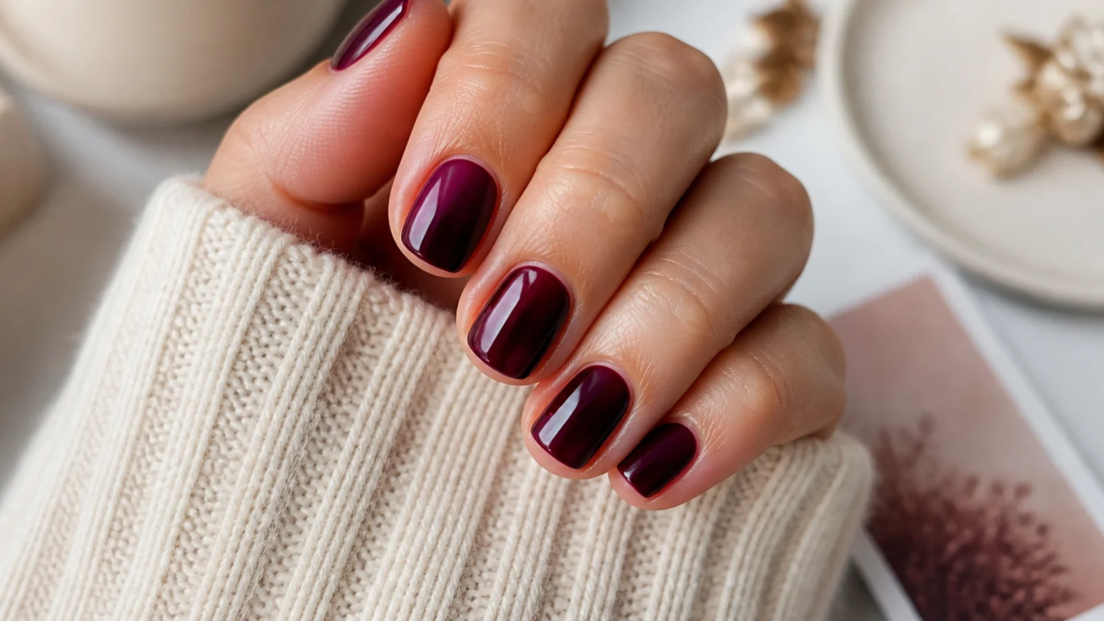 Short squoval nails in deep plum wine with a soft velvet depth and glossy top coat