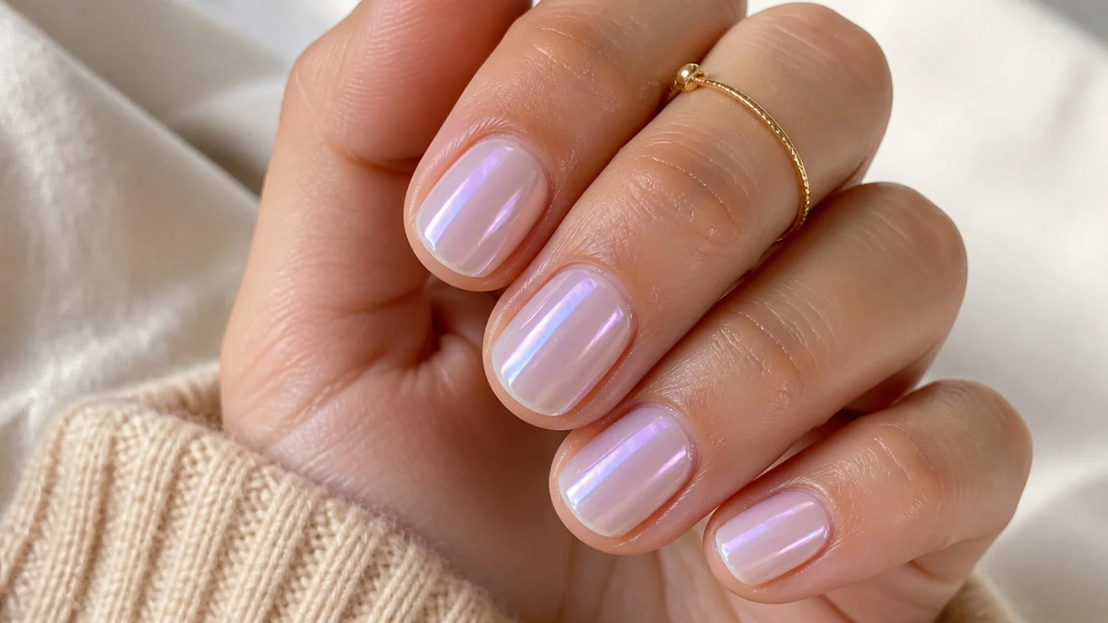 Short nails with a pearl chrome glazed finish shifting pink and lilac over a milky base