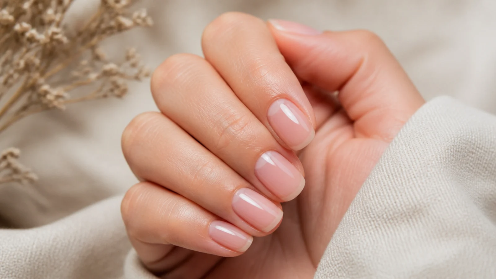 Short nails in translucent jelly nude with the natural nail visible through a glassy overlay