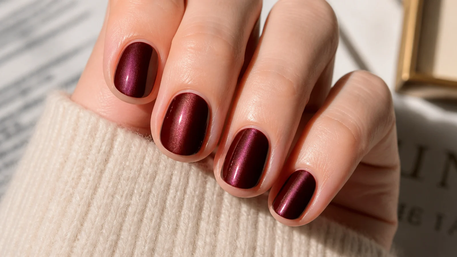 Short nails in burgundy velvet magnetic gel with a soft light band running down each nail