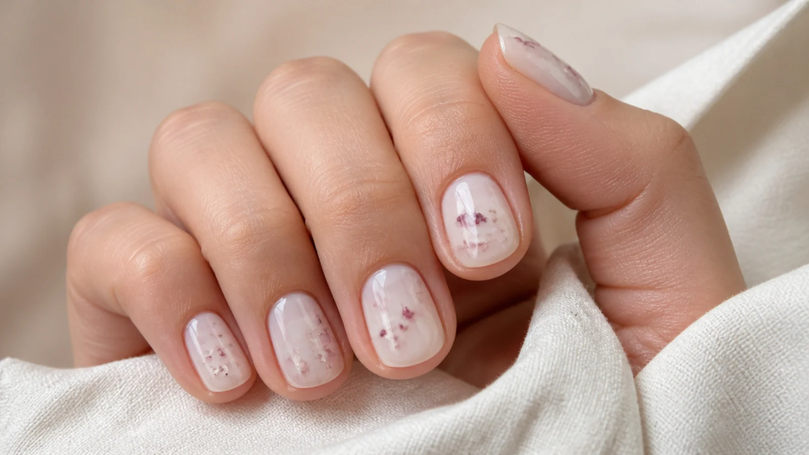 Short nails with tiny dried flower petals suspended under a cloudy milky white overlay