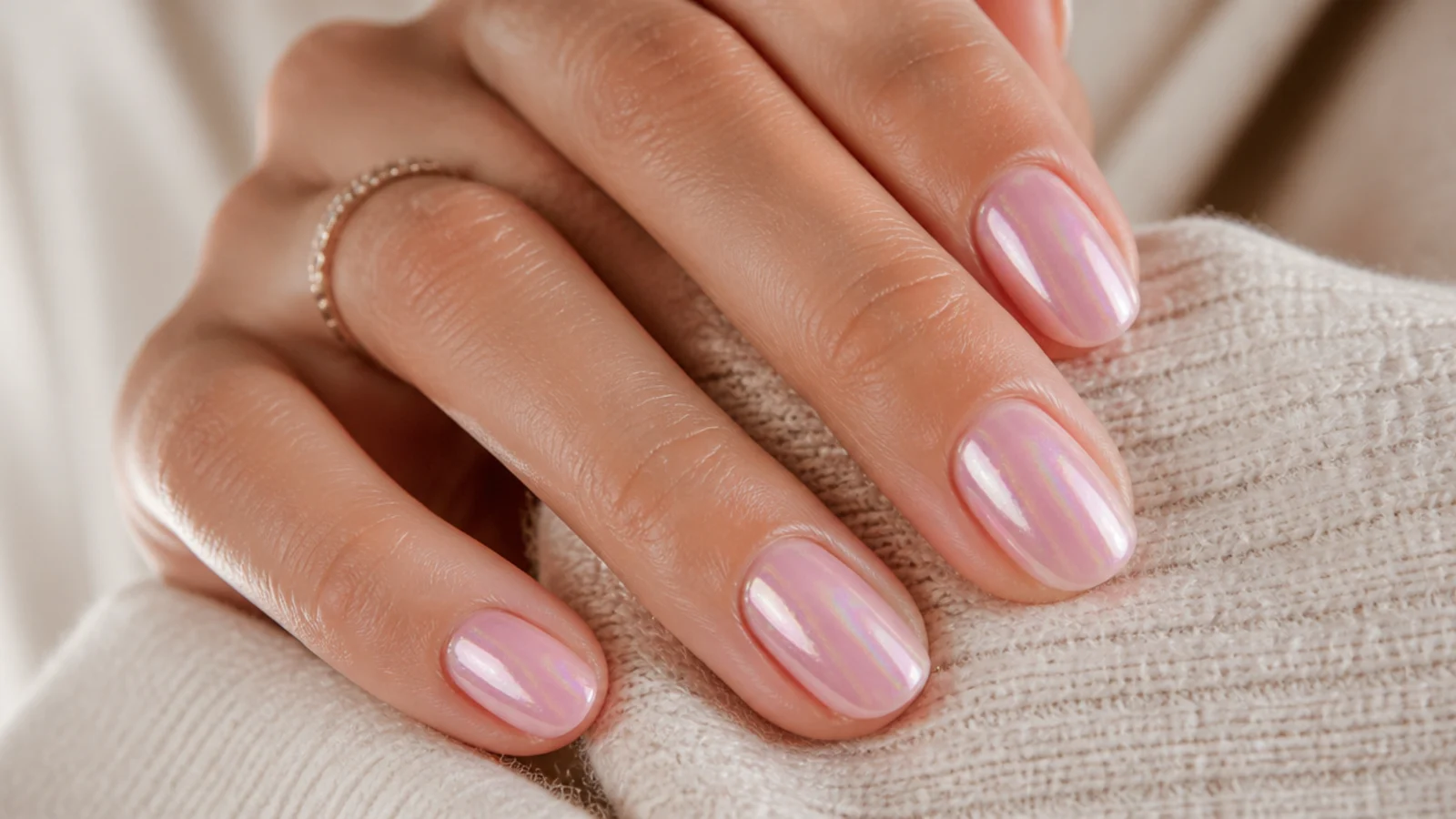 Short almond nails with an iridescent glazed donut sheen over a pale pink base