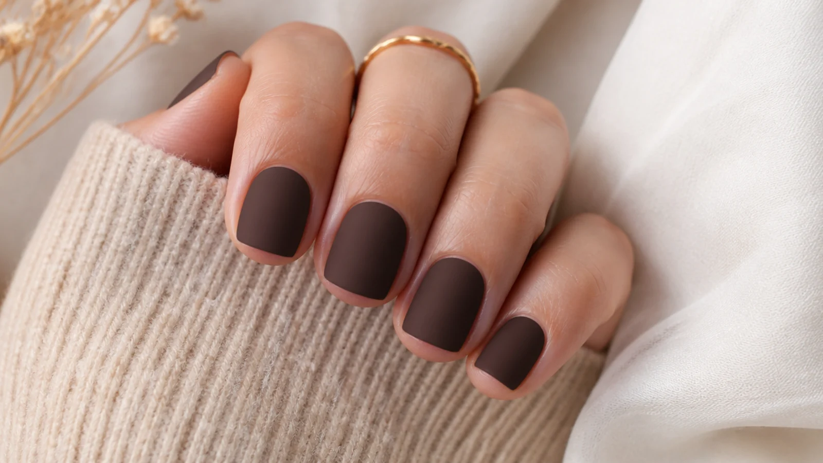 Short square nails in matte espresso brown with a flat velvety suede finish