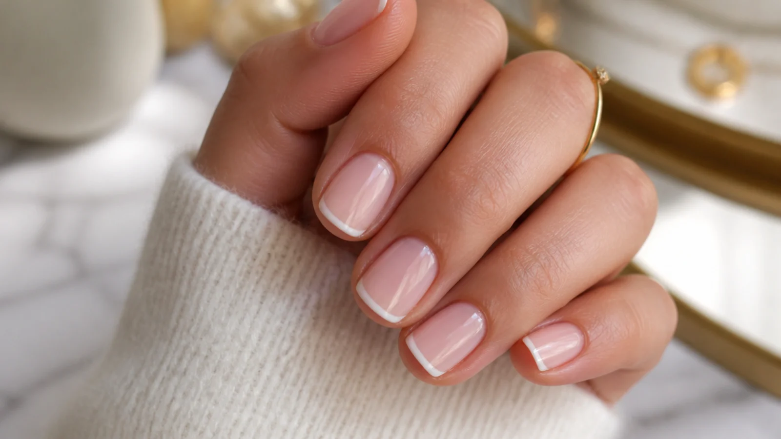 Short squoval nails with a hairline white micro French tip on a bare natural nail