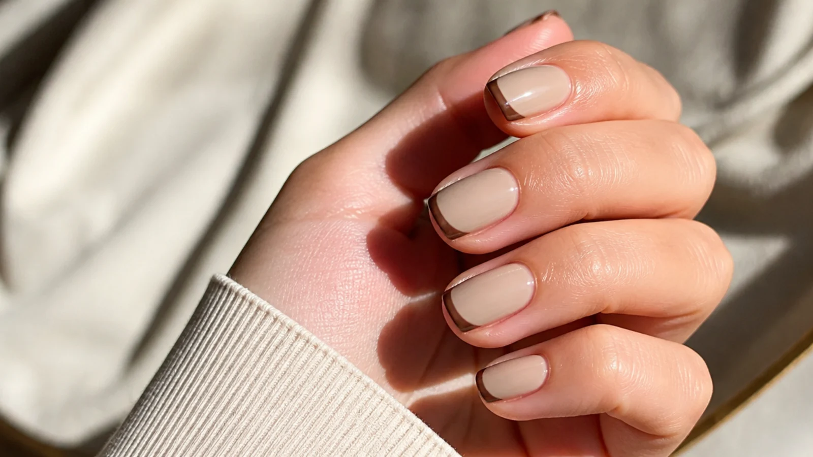 Short nails with a thin mocha brown French tip over a warm beige base
