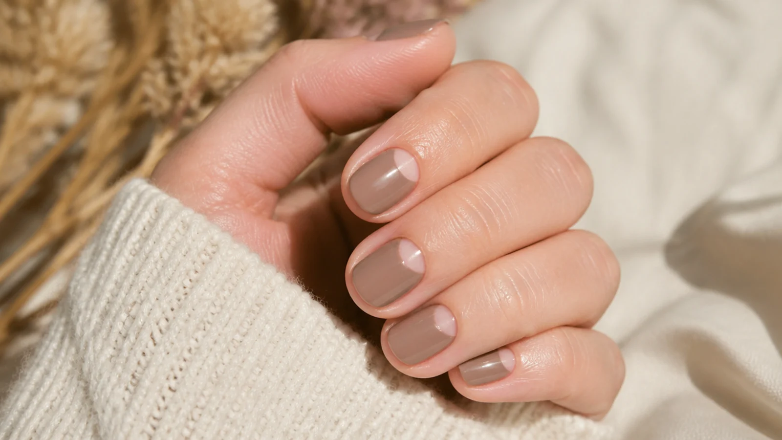 Short nails with a bare negative space half moon at the cuticle under a taupe creme