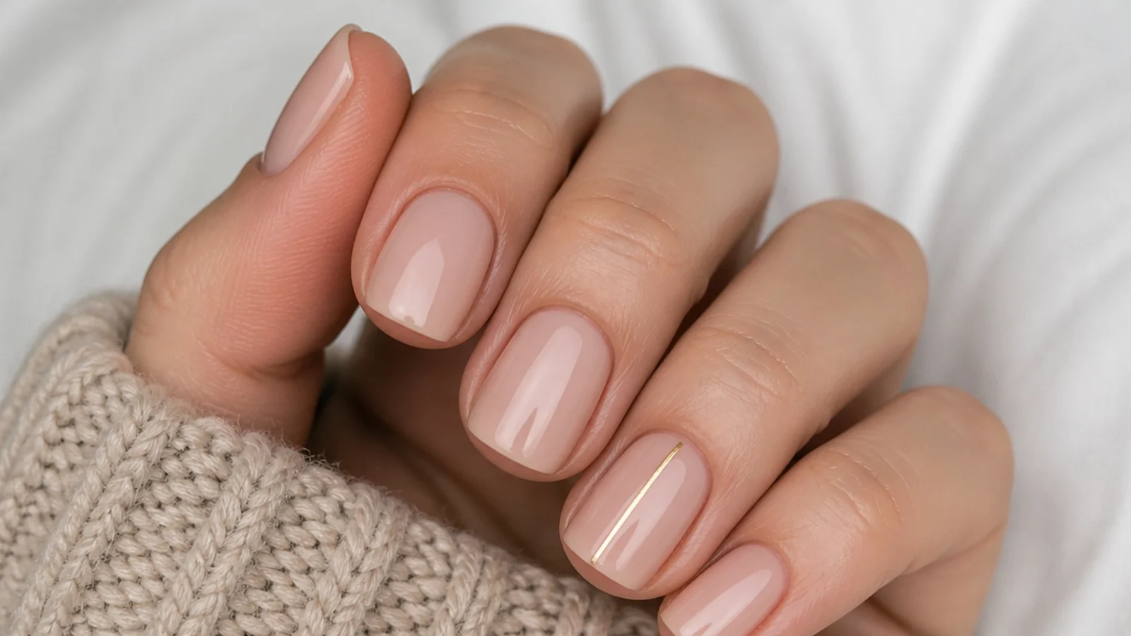 Short nude nails with a single fine gold line drawn down the center of one accent nail