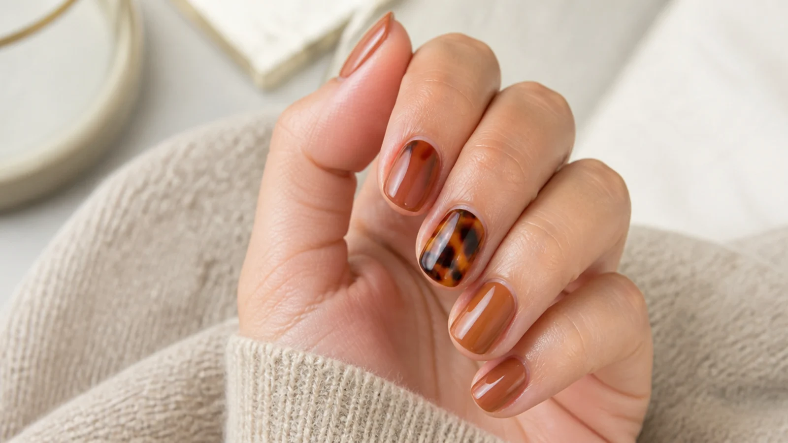 Short nails in caramel with two tortoiseshell accent nails in amber and dark brown mottling