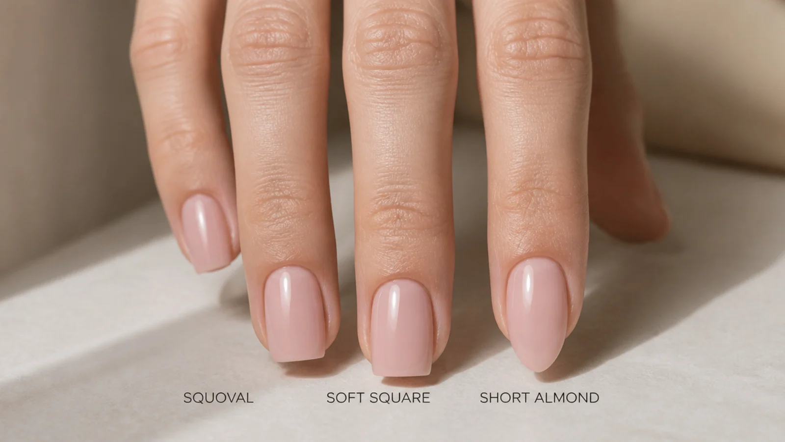 Three short nail shapes compared showing squoval, soft square and short almond silhouettes