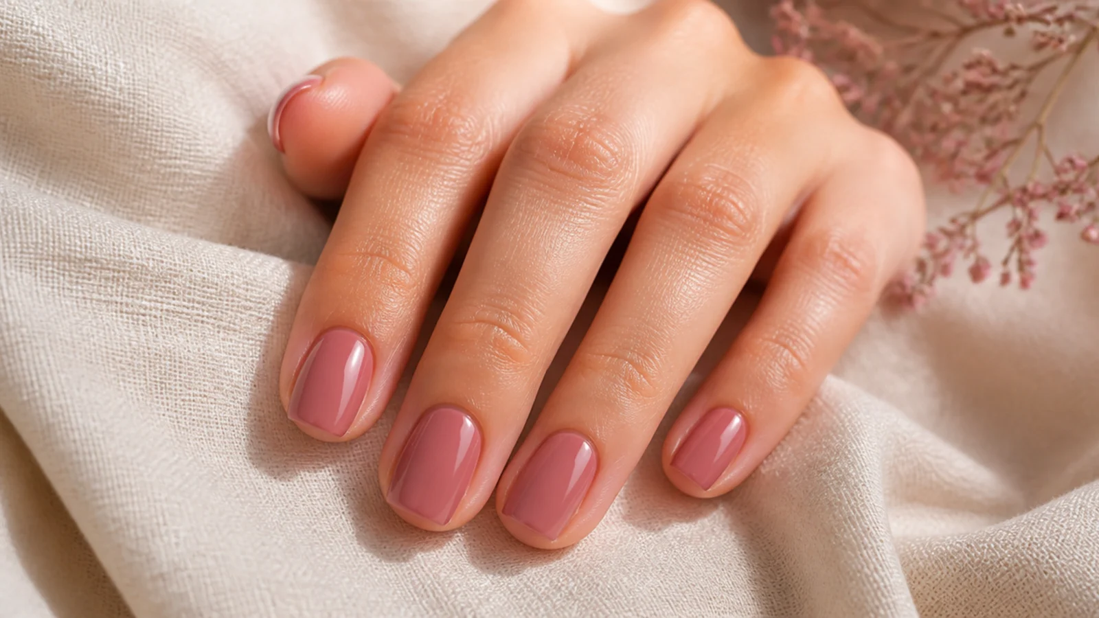 Short squoval nails in glossy rose-beige with tidy cuticles and an unbroken finger line