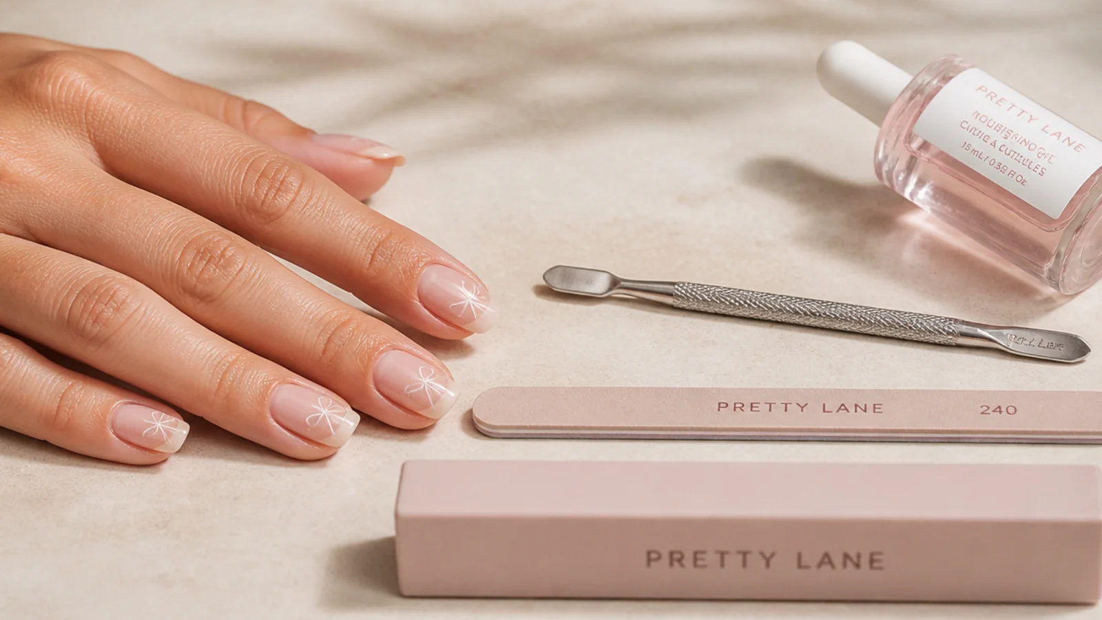 Nail prep tools laid out including cuticle pusher, 240 grit file, buffer and cuticle oil