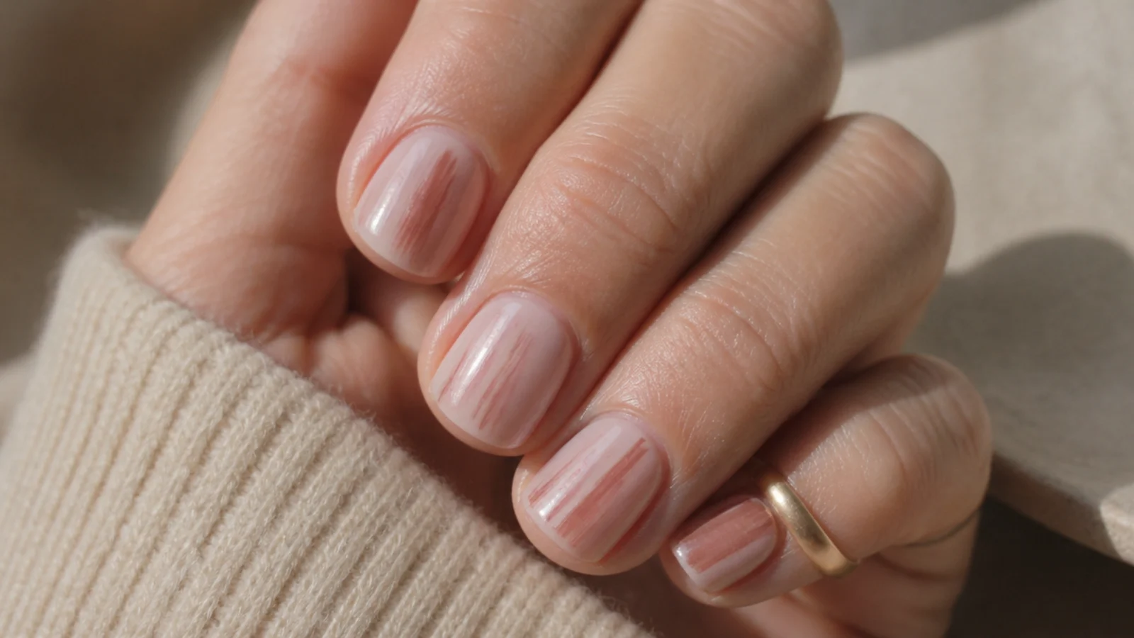 Close up of short nails showing streaking, a bare sidewall margin and cuticle flooding