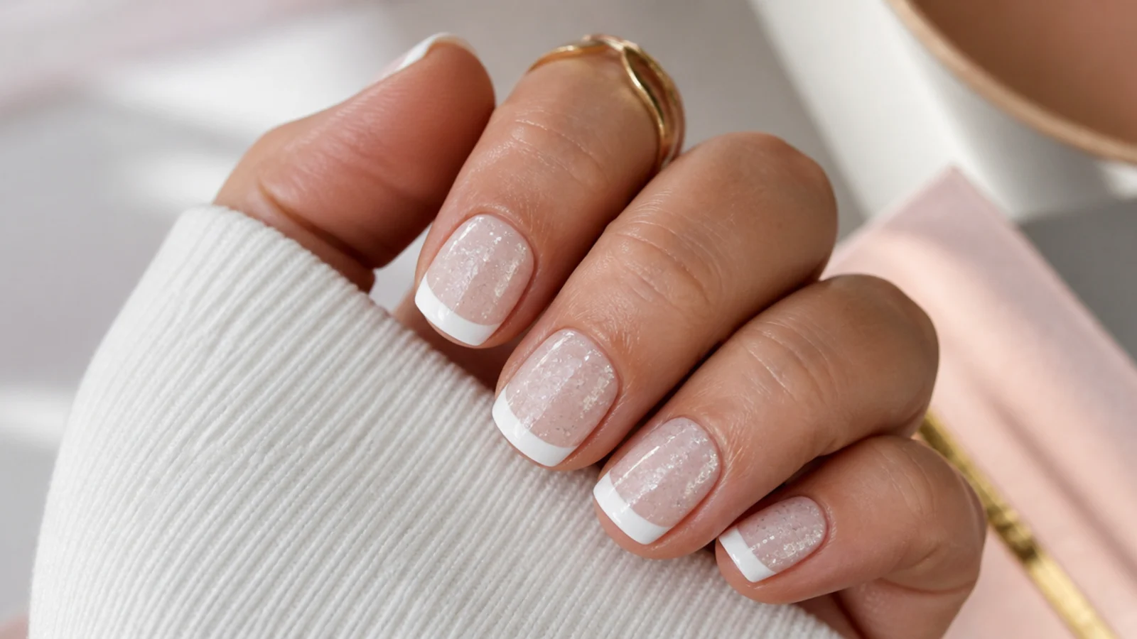 Short nails showing chalky white polish, chunky glitter and a thick white French tip to avoid