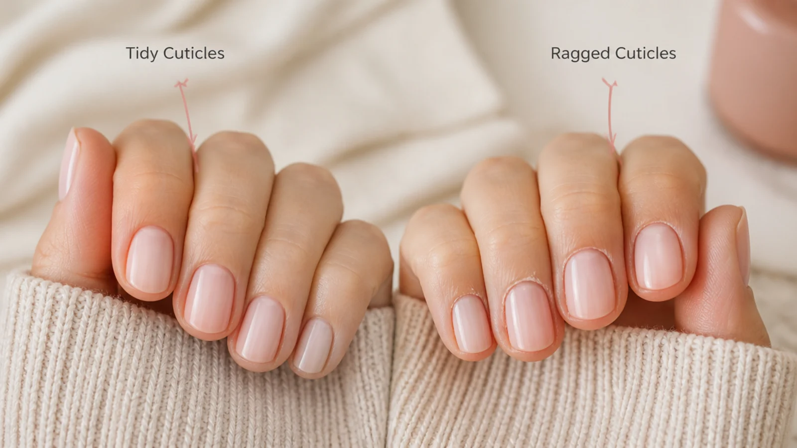 Two short manicures compared showing tidy cuticles and even shape against ragged edges