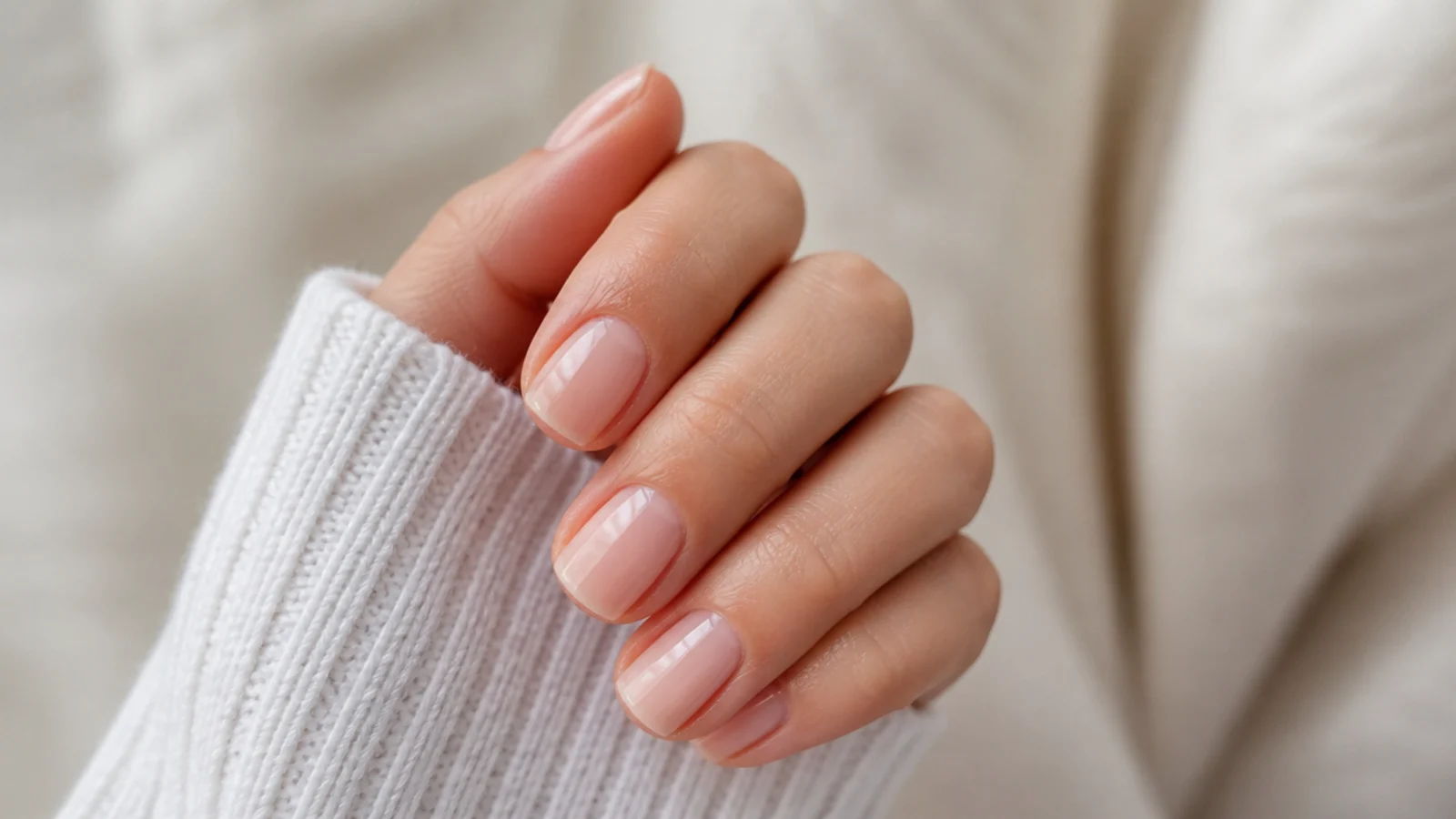 Short square nails in sheer skin-matched nude with a natural glossy shine
