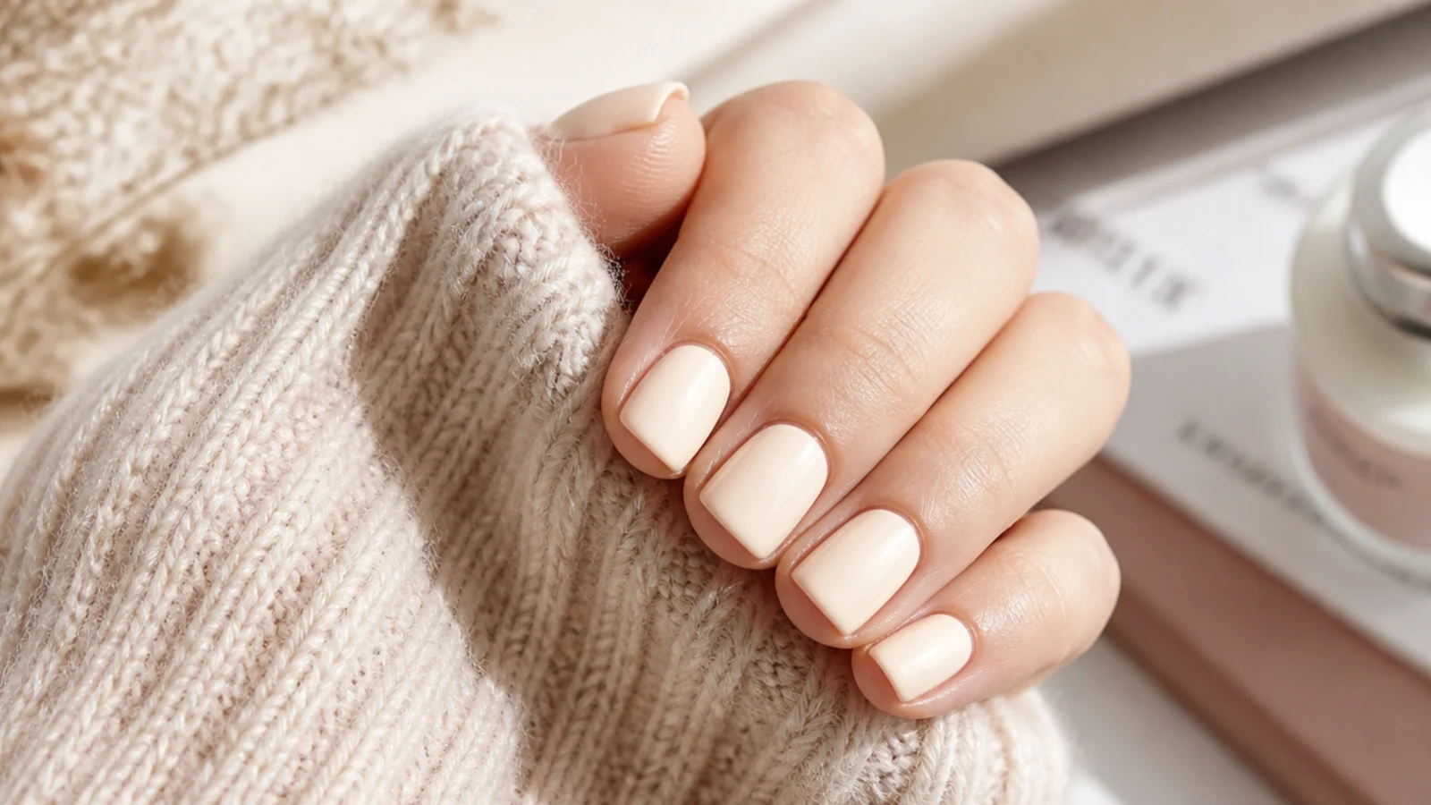 Short square nails in creamy almond milk beige with an opaque satin gloss