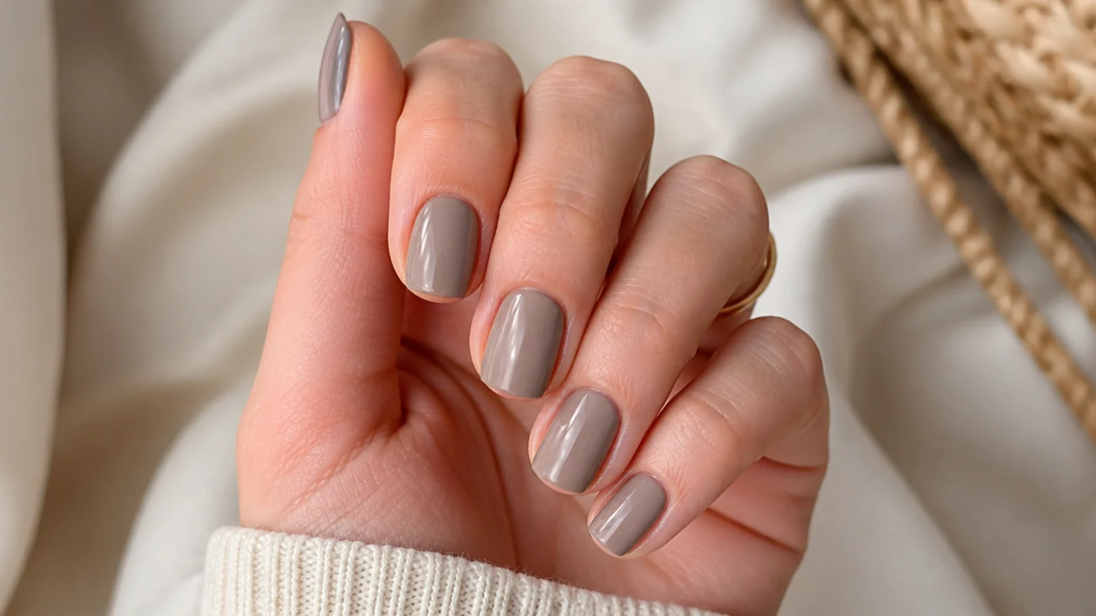 Short square nails in warm gray taupe with a flat tip and creamy opaque finish