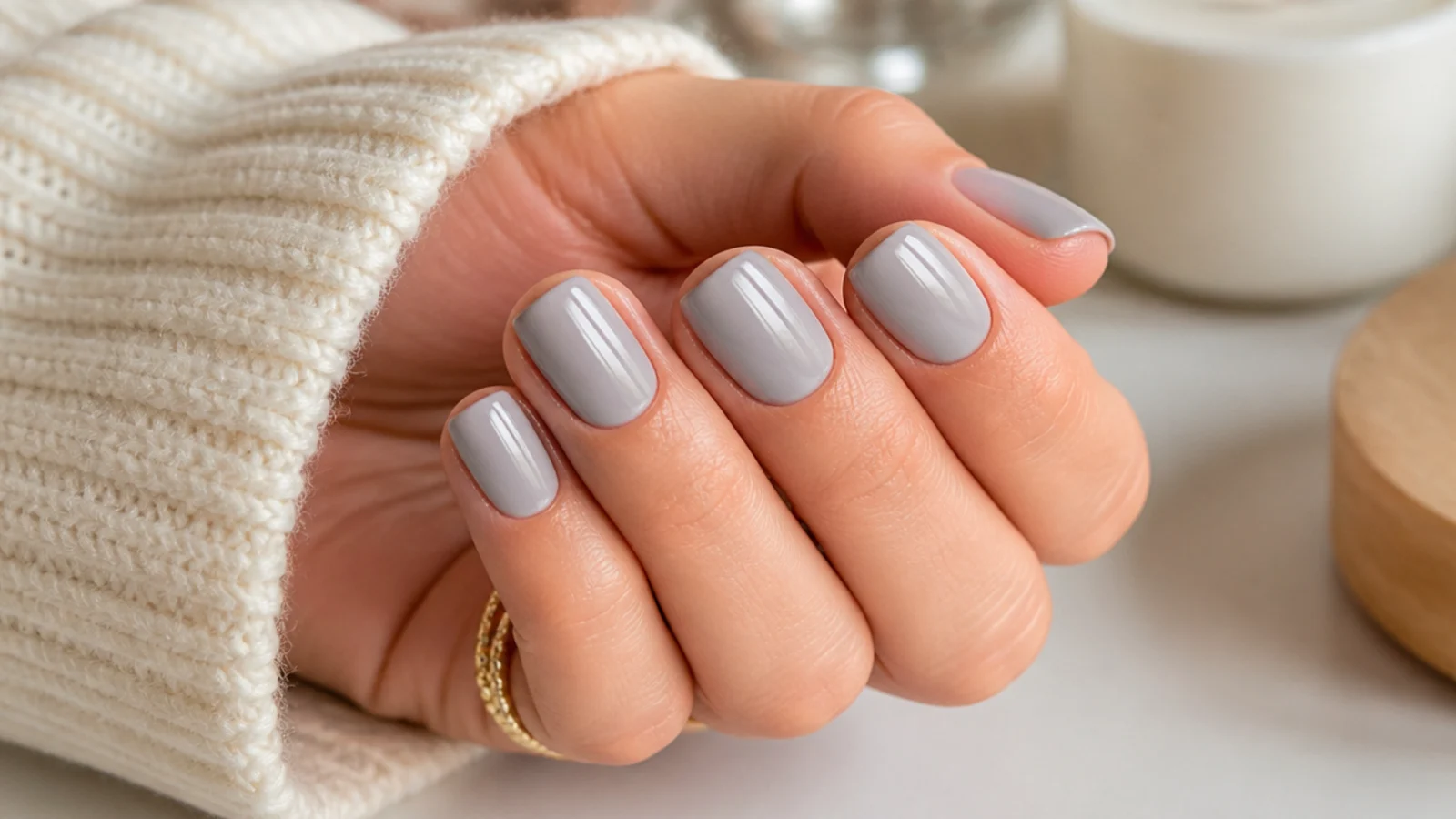 Short square nails in soft dove gray with a creamy opaque finish and flat tips