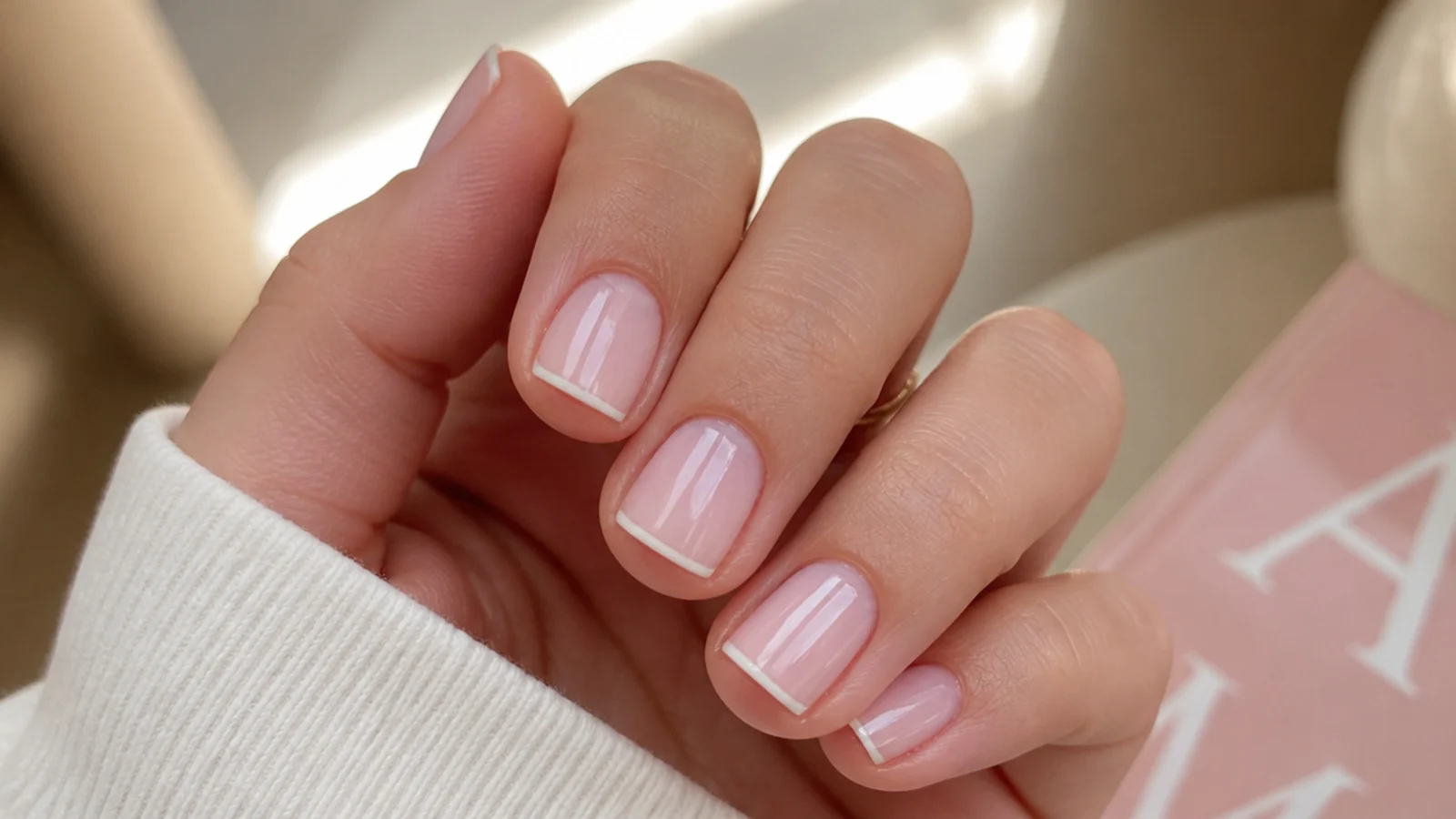 Short square nails with a hairline white micro French tip painted along the flat edge