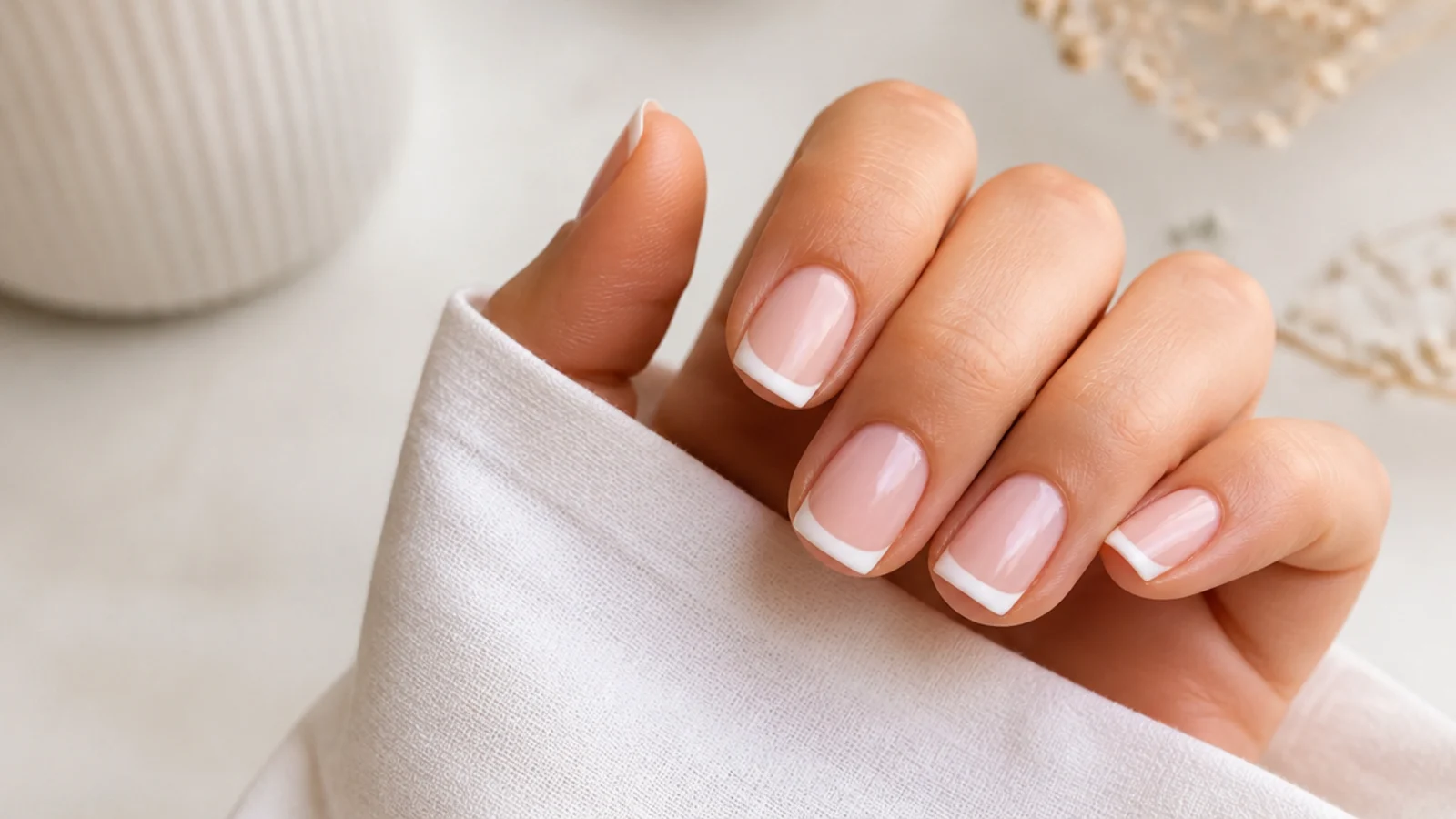 Short square nails with a crisp straight white French tip over a sheer pink base