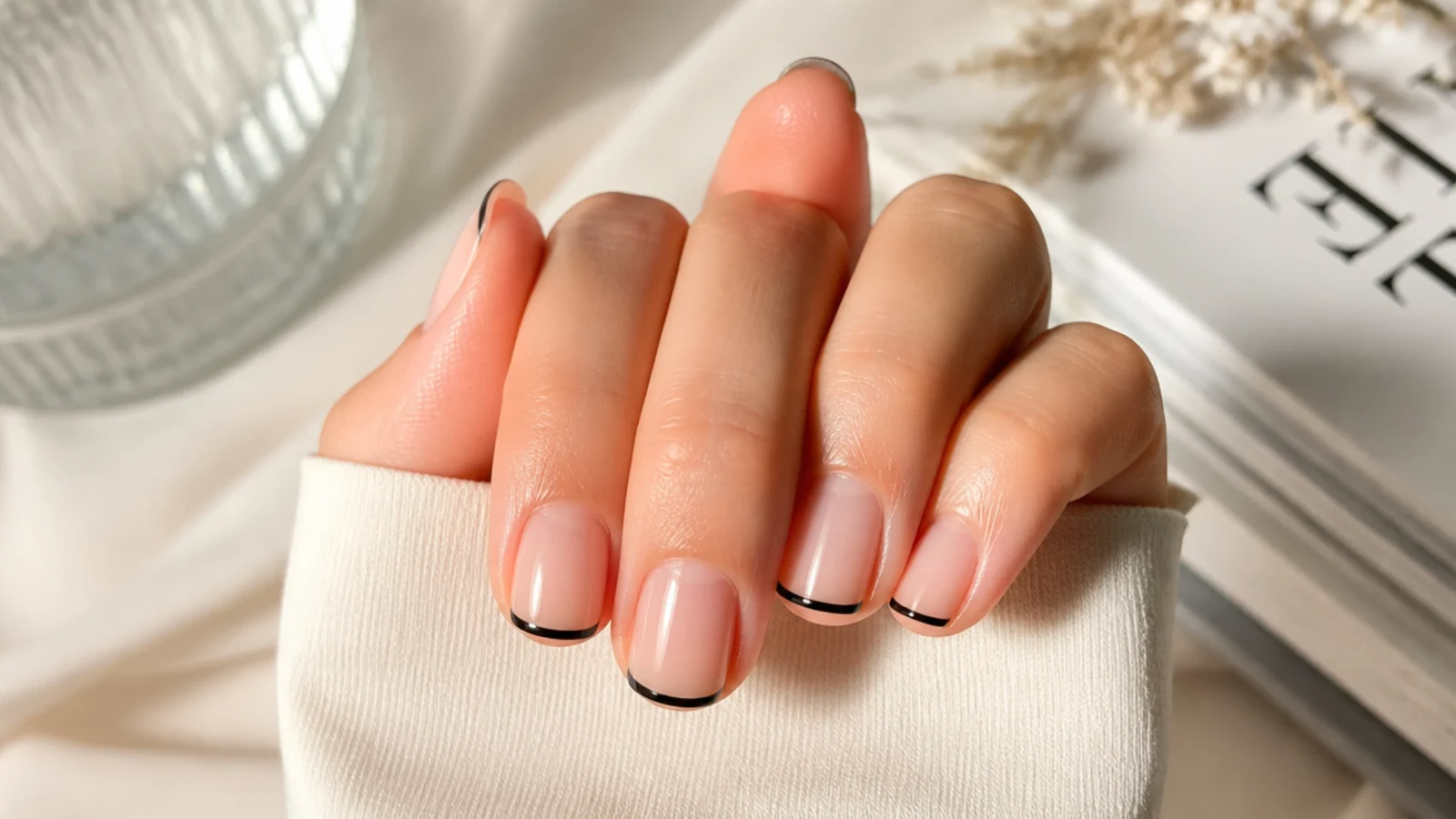 Short square nails with a thin black French tip line over a bare natural nail