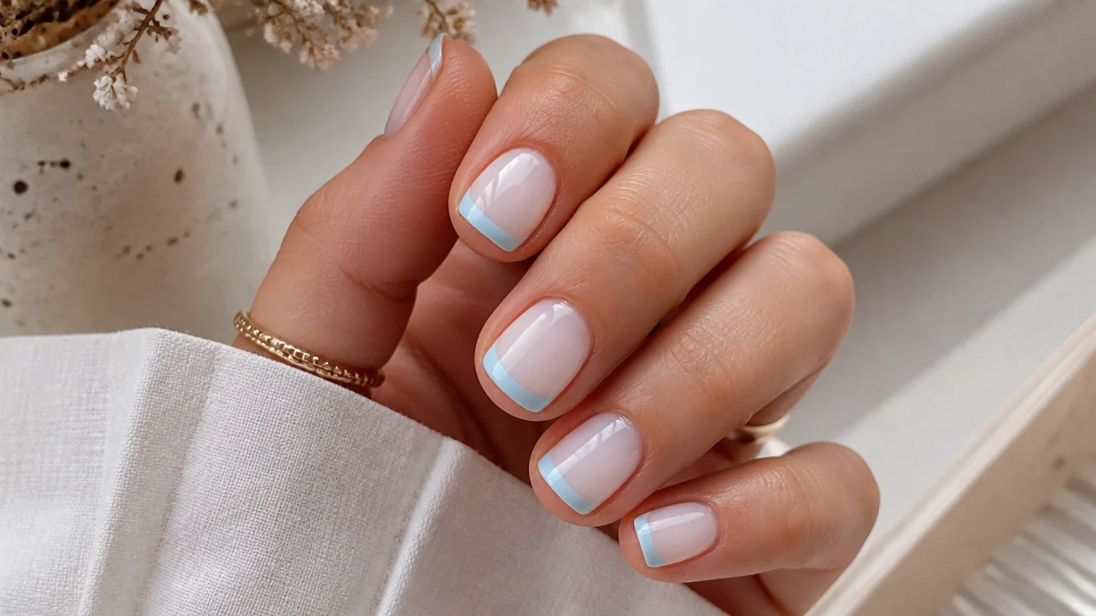 Short square nails with pale baby blue French tips over a milky white base