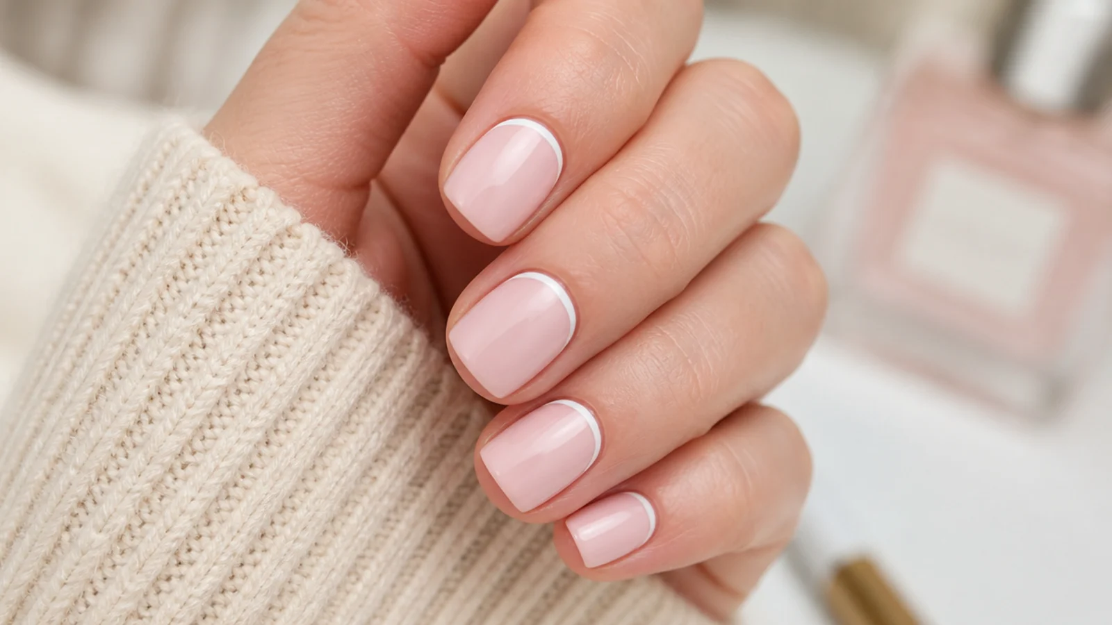 Short square nails with a thin white line at the cuticle instead of the tip