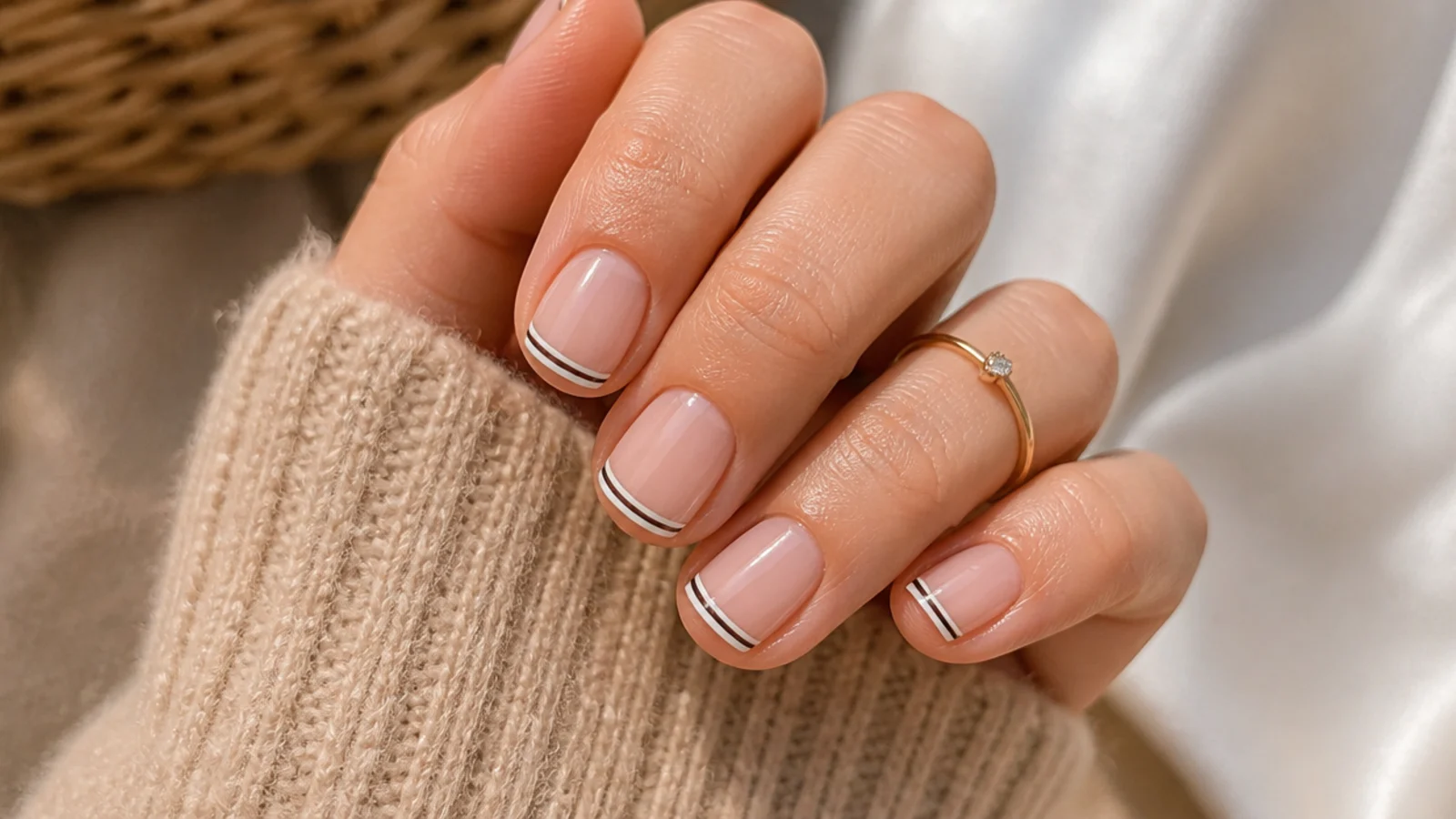 Short square nails with two thin parallel French lines in white and black at the tip
