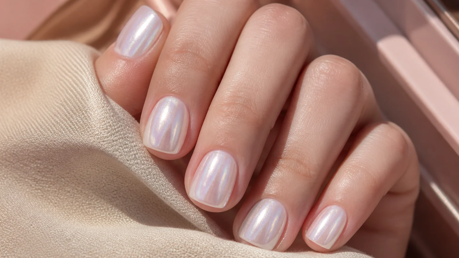 Short square nails in pearl chrome with a soft iridescent glazed sheen