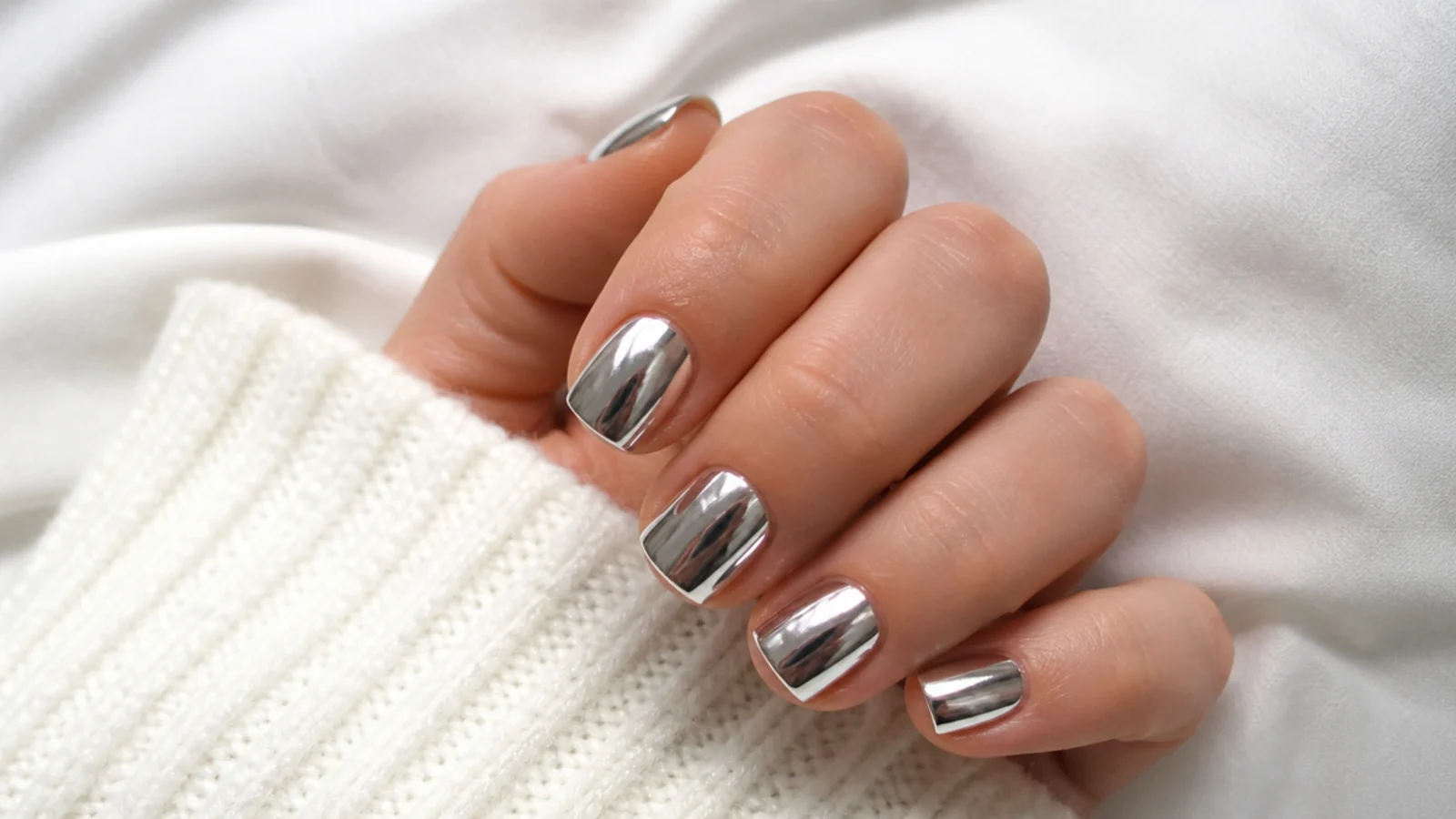Short square nails in mirror silver chrome with sharp flat tips