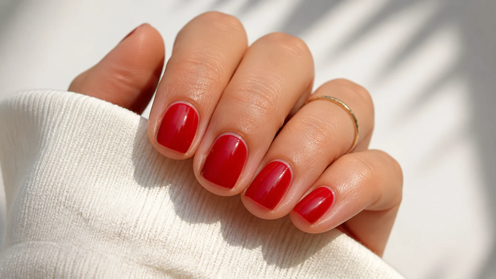Short square nails in translucent cherry red jelly showing the natural nail through the color
