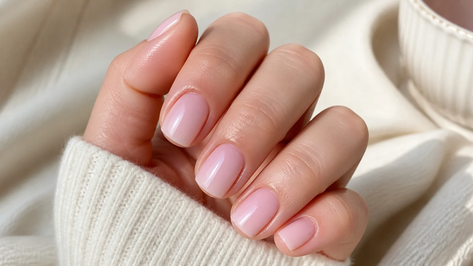 Short square nails in translucent milky pink with a soft glossy finish