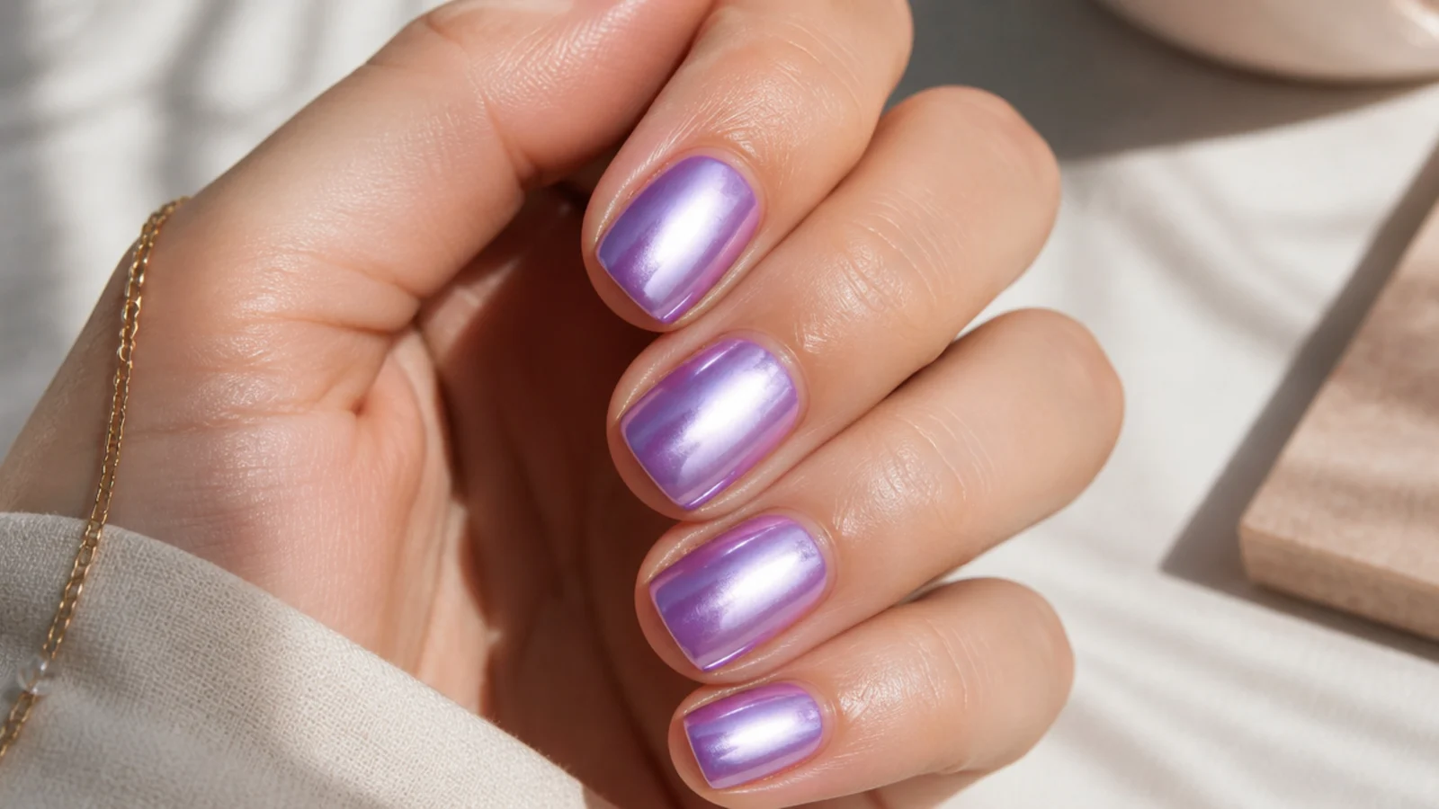 Short square nails in soft lavender chrome with a cool violet metallic shift