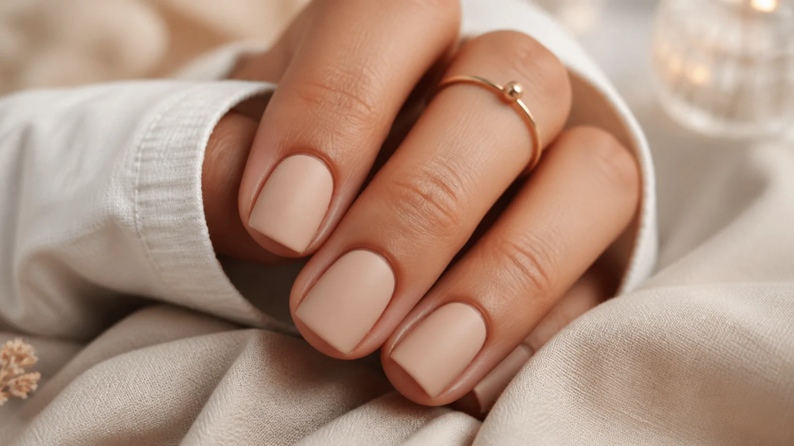 Short square nails in matte nude with a velvet flat finish and crisp square tips
