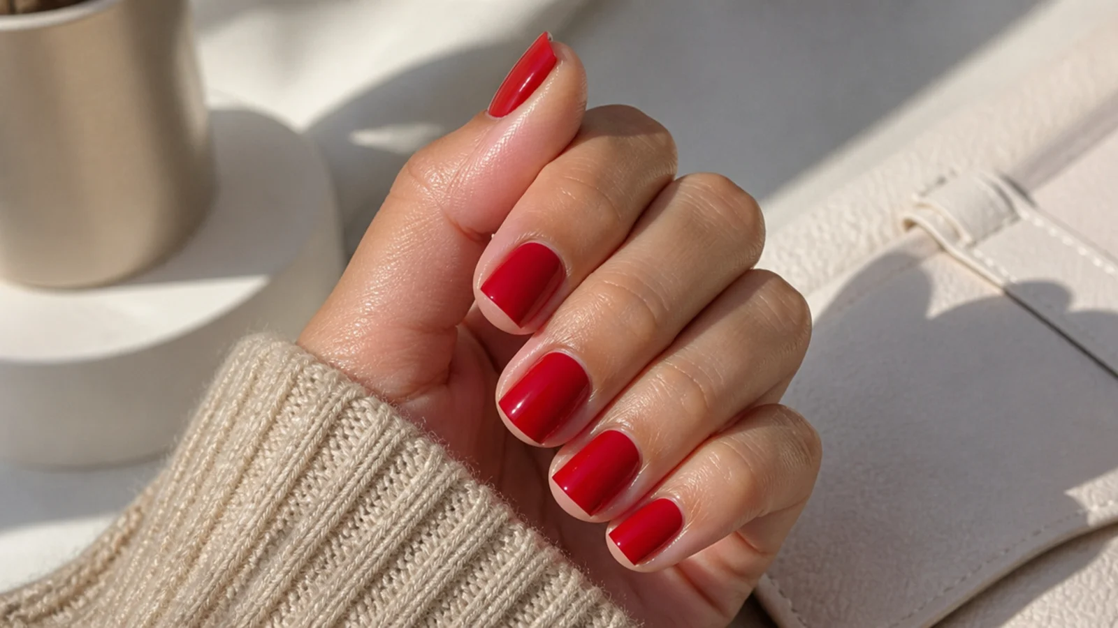 Short square nails in glossy blue-based cherry red with flat straight tips