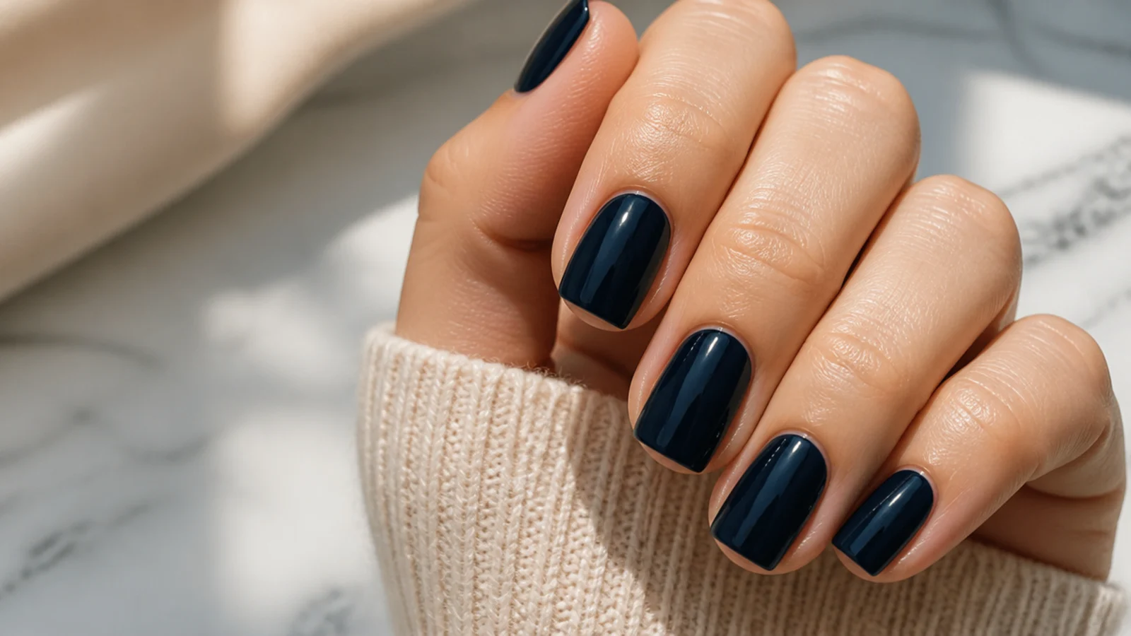 Short square nails in deep navy blue with a glossy opaque finish