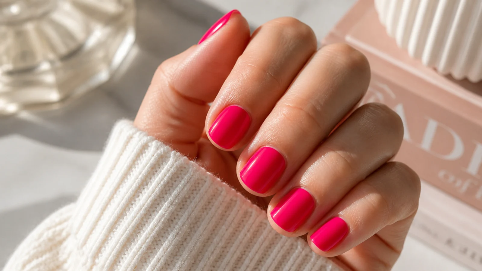 Short square nails in bright hot pink with an opaque creamy finish