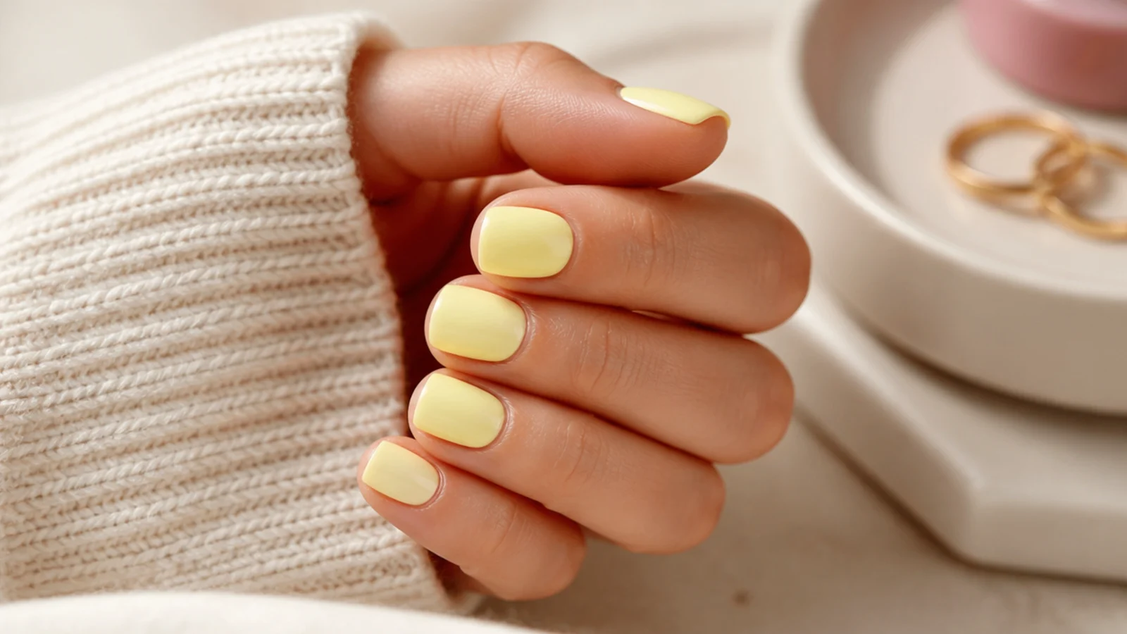 Short square nails in soft buttery pale yellow with a creamy opaque finish